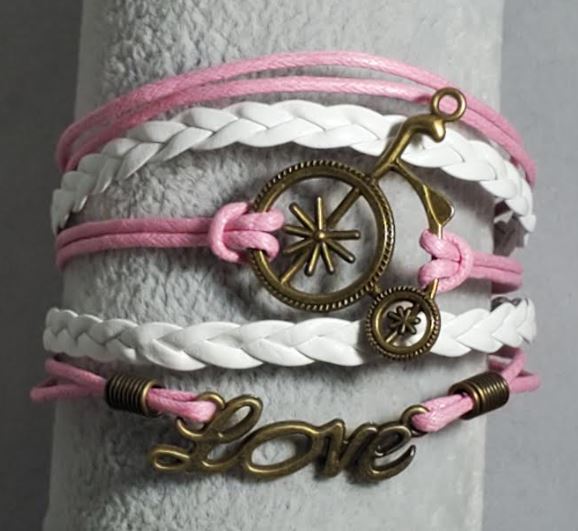 B891 Pink & White Bicycle Love Leather Layer Bracelet