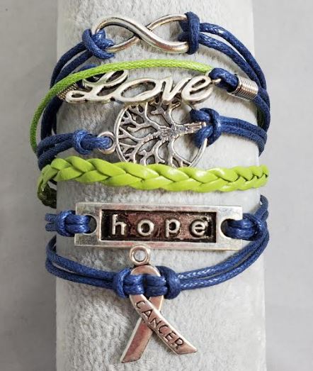 AZ1056 Navy Blue & Lime Green Love Tree Hope Cancer Ribbon Infinity Layer Leather Bracelet