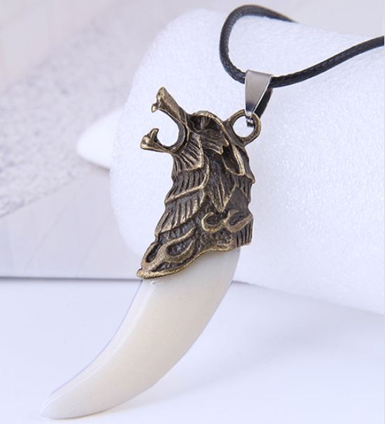 N256 Gold Beast White Tooth on Leather Cord Necklace