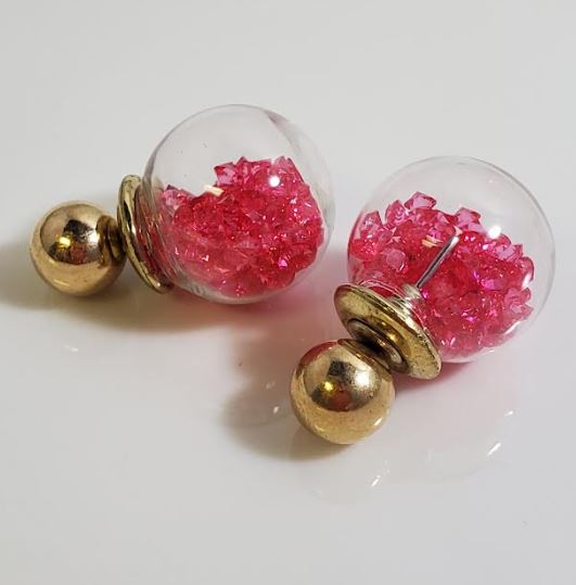 AZ1449 Gold Hot Pink Gem Filled Ball Earrings