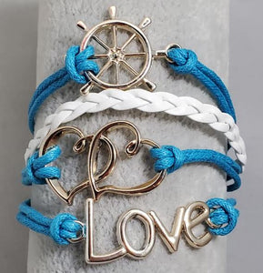 AZ987 Turquoise & White Ship Wheel Heart Love Infinity Layer Leather Bracelet