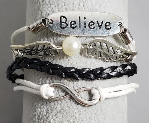 AZ1264 White & Black Believe Wing Infinity Layer Leather Bracelet