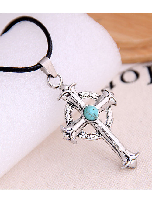 N1626 Silver Cross Turquoise Stone Pendant Necklace - Iris Fashion Jewelry