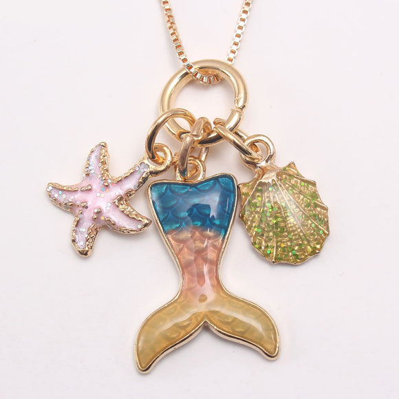 L399 Gold Blue Peach Yellow Mermaid Tail Charm Necklace FREE EARRINGS - Iris Fashion Jewelry
