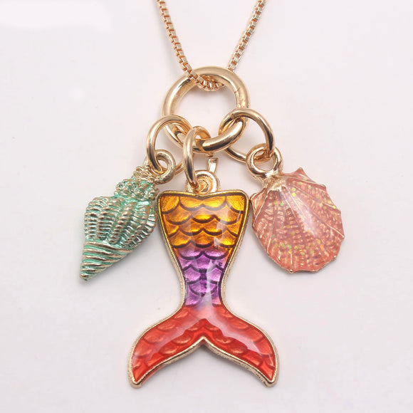 L398 Gold Gold Purple Orange Mermaid Tail Charm Necklace FREE EARRINGS - Iris Fashion Jewelry