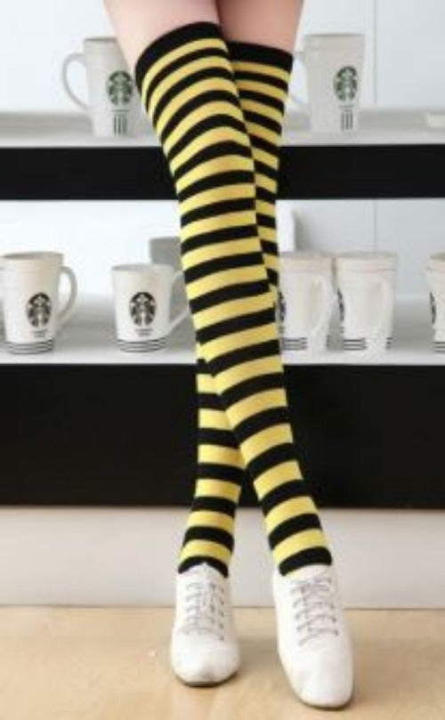 SF145 Gold & Black Slim Stripe Thigh High Socks - Iris Fashion Jewelry