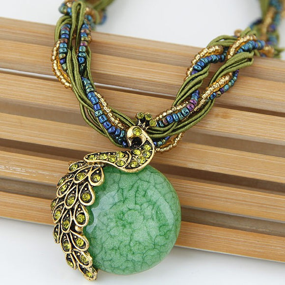 N583 Jade Green Peacock & Gem Necklace with FREE Earrings - Iris Fashion Jewelry