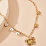 N124 Gold Yellow Enamel Butterfly with Pearls Necklace with FREE Earrings - Iris Fashion Jewelry