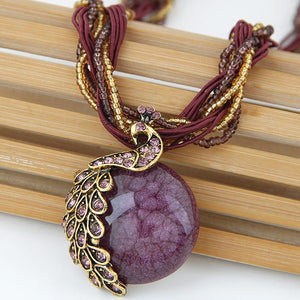 N588 Maroon Peacock & Gem Necklace with FREE Earrings - Iris Fashion Jewelry