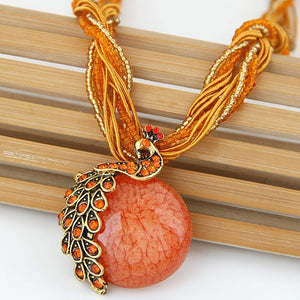 N586 Orange Peacock & Gem Necklace with FREE Earrings - Iris Fashion Jewelry