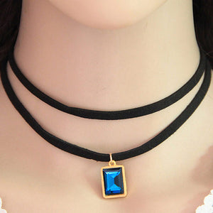 N677 Blue Gem Cord Choker Necklace with FREE Earrings - Iris Fashion Jewelry