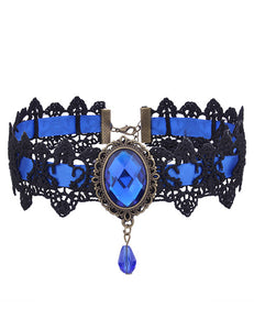 N105 Blue Gem Lace Choker Necklace with FREE Earrings - Iris Fashion Jewelry