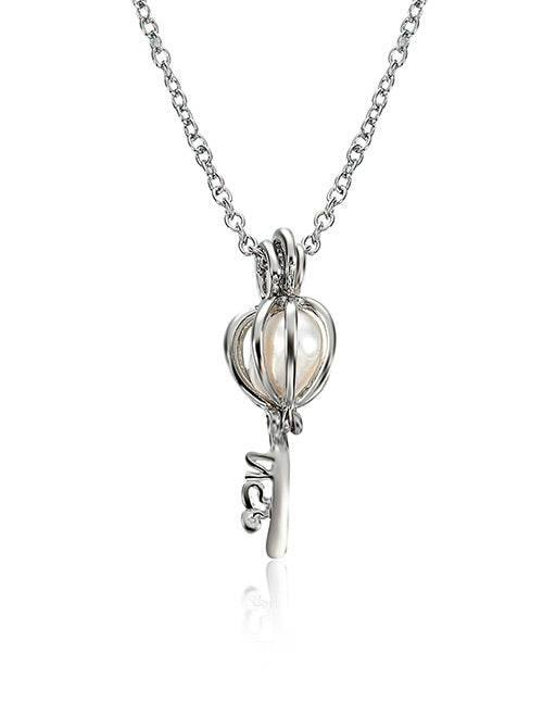 N687 Silver Short Chain Pearl Inside Key Necklace with FREE Earrings - Iris Fashion Jewelry