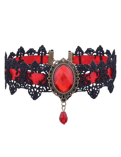 N680 Red Gem Lace Choker Necklace with FREE Earrings - Iris Fashion Jewelry