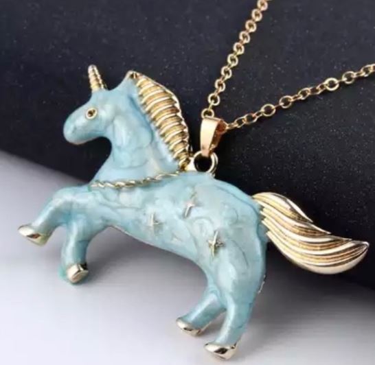L489 Gold Shimmer Blue Unicorn Necklace FREE Earrings - Iris Fashion Jewelry
