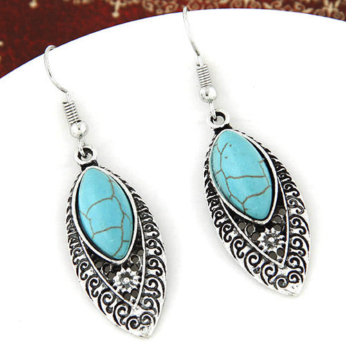 E63 Blue & Silver Color Oval Gemstone Earrings - Iris Fashion Jewelry