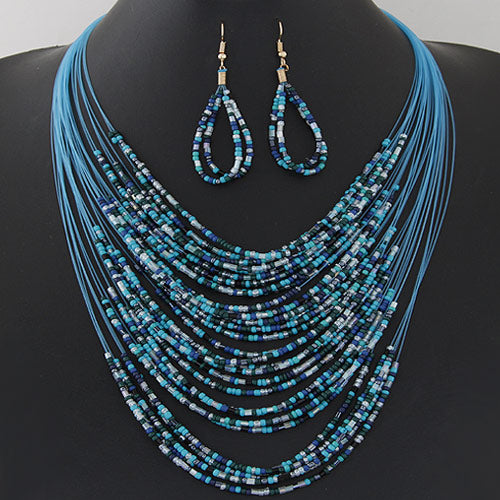 N714 Blue Seed Bead Necklace with FREE Earrings - Iris Fashion Jewelry
