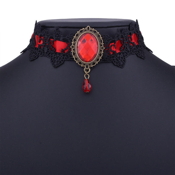 N768 Black & Red Gem Choker Necklace With FREE Earrings - Iris Fashion Jewelry