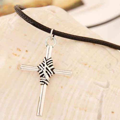 N734 Silver Cross on Leather Cord Necklace with FREE Earrings - Iris Fashion Jewelry