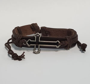 *B199 Brown Leather Brown Cord Cross Bracelet - Iris Fashion Jewelry