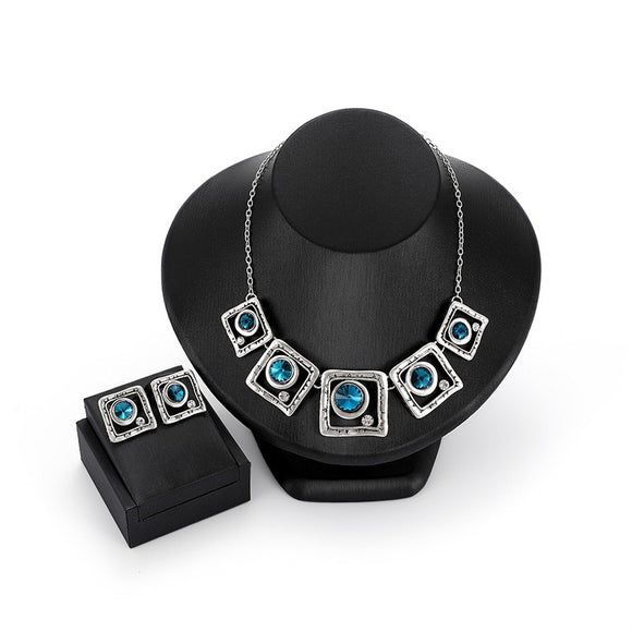 N620 Silver & Blue Gem Geometric Design Necklace With FREE Earrings - Iris Fashion Jewelry