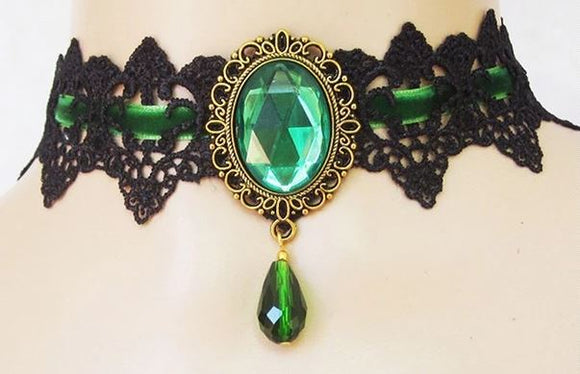 AZ33 Green Gem Lace Choker Necklace with FREE Earrings - Iris Fashion Jewelry