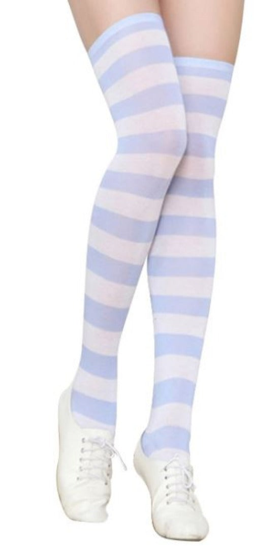 SF140 Pale Blue & White Wide Stripe Thigh High Socks - Iris Fashion Jewelry