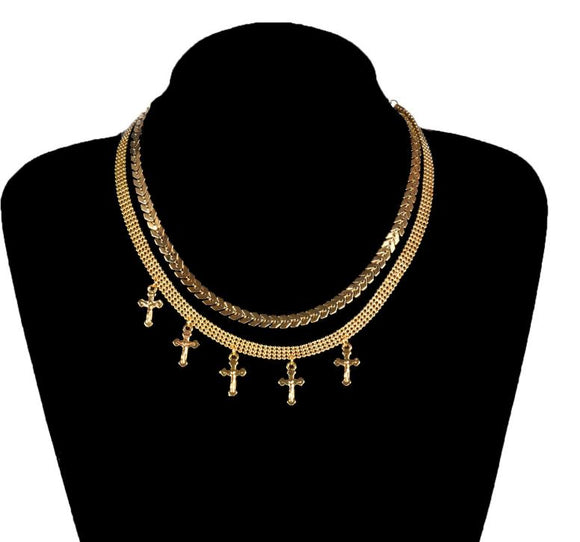 N1671 Gold Double Layer Cross Choker Necklace with FREE Earrings - Iris Fashion Jewelry