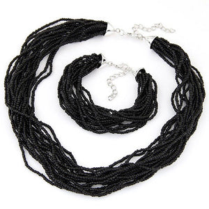 N653 Black Bead Necklace with FREE Earrings and Bracelet - Iris Fashion Jewelry