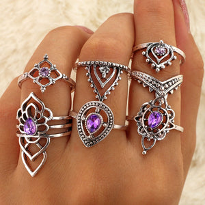+RS21 Silver Color Assorted 7pc. Purple Gemstone Ring Set - Iris Fashion Jewelry