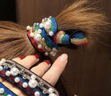 H418 Rainbow Pearls & Silver Beads Hair Scrunchie - Iris Fashion Jewelry
