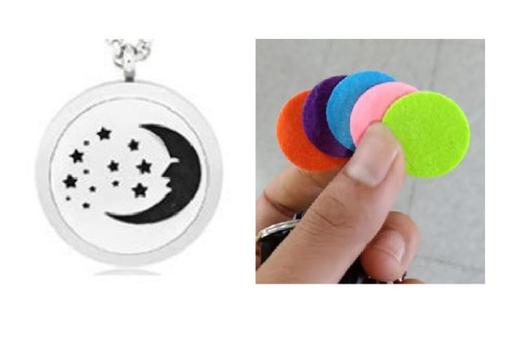 N1156 Silver Moon & Stars Essential Oil Necklace with FREE Earrings PLUS 5 Different Color Pads - Iris Fashion Jewelry