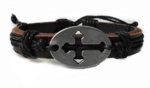 B80 Silver Cross in Oval Brown Leather Black Cord Bracelet - Iris Fashion Jewelry