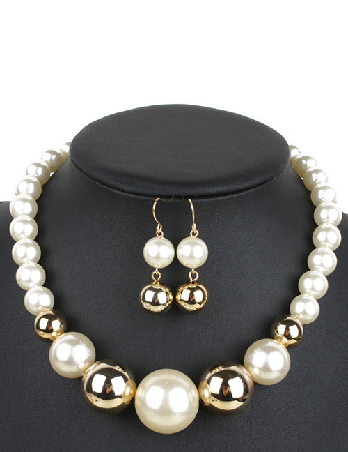 N326 White & Gold Pearl Necklace with FREE Earrings - Iris Fashion Jewelry