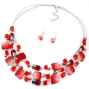 N530 Red Gemstone Multi Layer Necklace with FREE Earrings - Iris Fashion Jewelry
