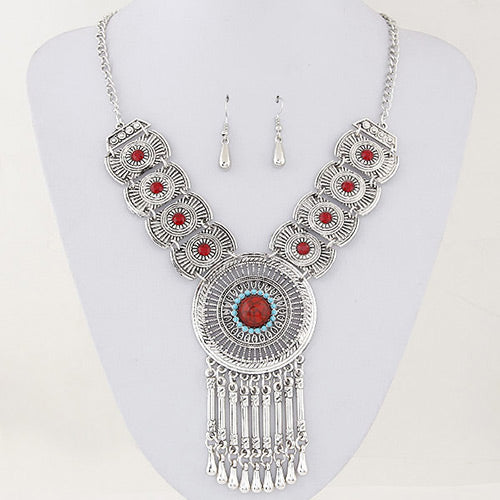 N519 Silver & Red Gem Tassel Design Necklace with FREE Earrings - Iris Fashion Jewelry