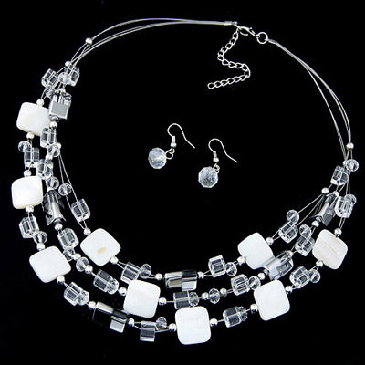 N528 White Gemstone Multi Layer Necklace with FREE Earrings - Iris Fashion Jewelry