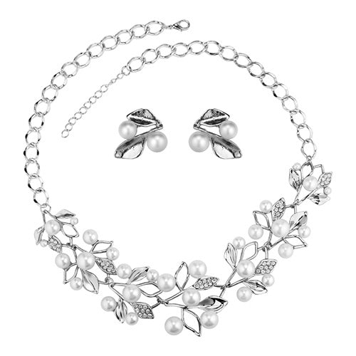 N516 Silver Flowers & Pearls Design Gem Necklace with FREE Earrings - Iris Fashion Jewelry