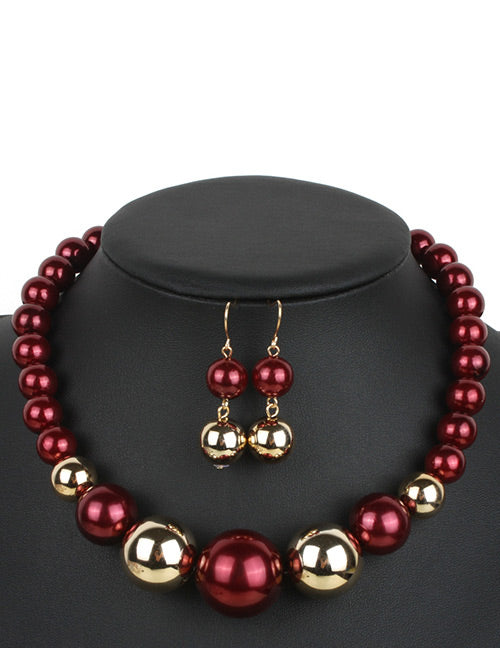 N324 Burgundy & Gold Pearl Necklace with FREE Earrings - Iris Fashion Jewelry
