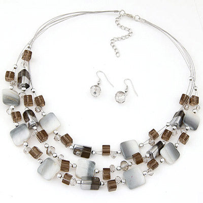 N526 Brown Bead Gray Tiles Gemstone Multi Layer Necklace with FREE Earrings - Iris Fashion Jewelry