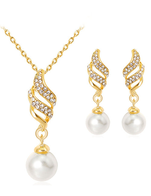 N457 Gold & Pearl Gem Swirl Necklace with FREE Earrings - Iris Fashion Jewelry