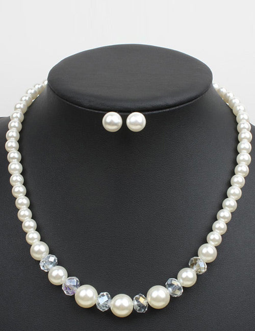 N313 White Pearl Crystal Gem Necklace with FREE Earrings - Iris Fashion Jewelry
