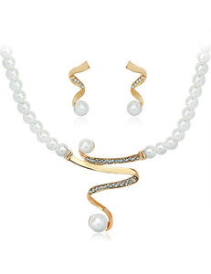N453 Gold Pearl & Gem Zig Zag Necklace with FREE Earrings - Iris Fashion Jewelry