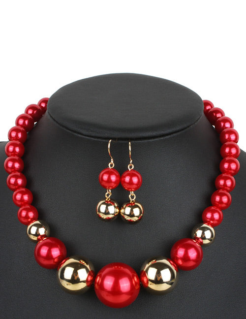 N22  Large Red & Gold Pearl Necklace with FREE Earrings - Iris Fashion Jewelry