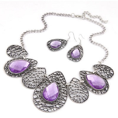 N59 Purple Drop Pattern Gemstone Necklace with FREE Earrings - Iris Fashion Jewelry