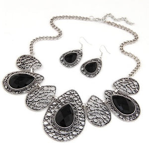 N58 Black Drop Pattern Gemstone Necklace with FREE Earrings - Iris Fashion Jewelry
