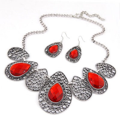 N61 Red Drop Pattern Gemstone Necklace with FREE Earrings - Iris Fashion Jewelry