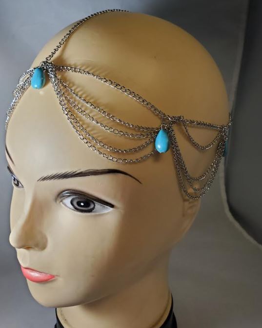 H355 Silver Scalloped Chain Turquoise Stone Headdress - Iris Fashion Jewelry