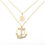 N616 Gold Iridescent Rhinestone Anchor & Ship Wheel Necklace with FREE Earrings - Iris Fashion Jewelry