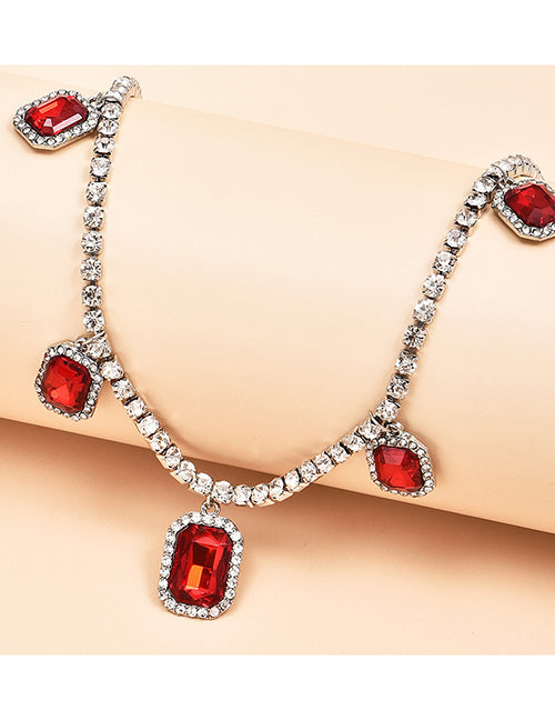 N2233 Silver Rhinestone Red Gemstone Choker Necklace with FREE Earrings - Iris Fashion Jewelry